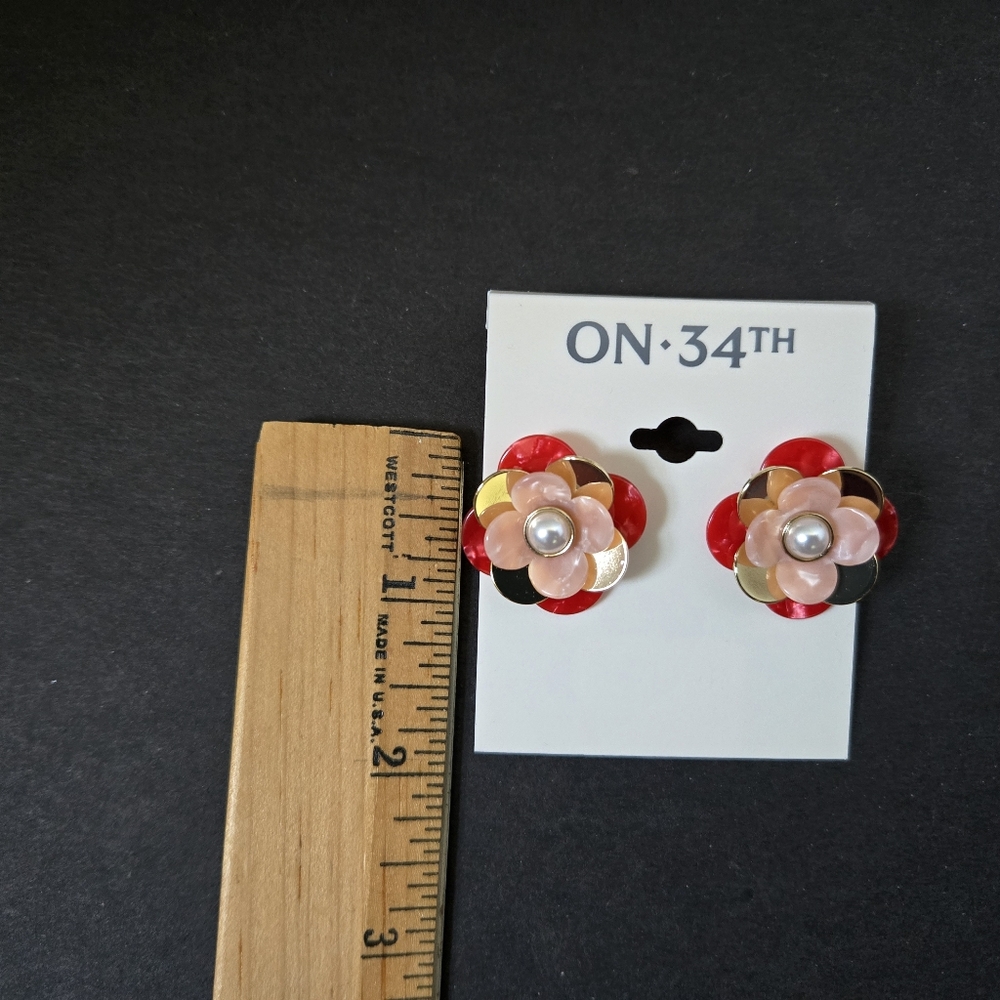 ON 34TH Red and Gold Flower Earrings - Picture 4 of 5